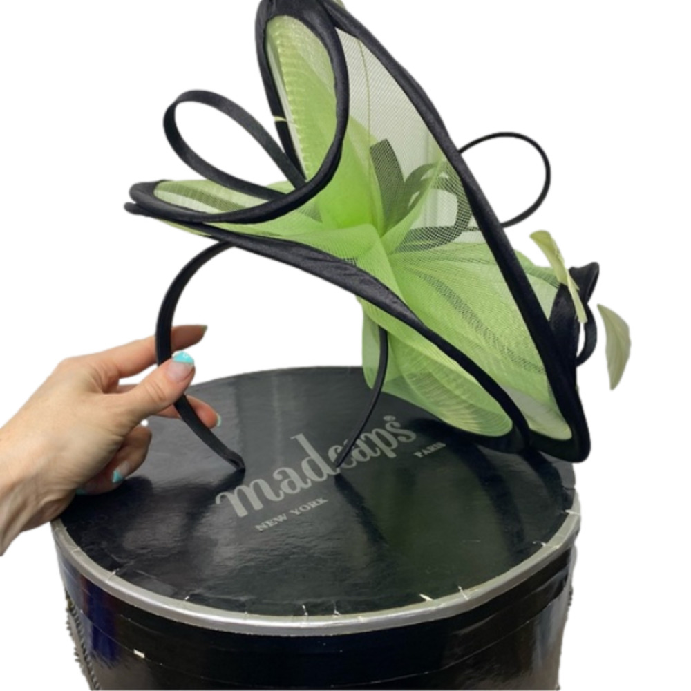 Madcaps Vintage Fascinator in Green & Black w Feathers & Mesh Derby / Costume